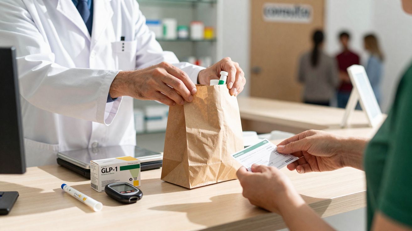 Farmacêutico entregando remédios em saco de papel para cliente em balcão de farmácia.