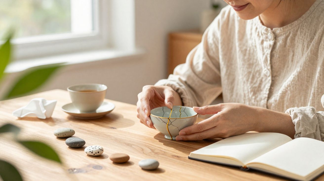 Pessoa segurando xícara restaurada com técnica kintsugi, ao lado de pedras, caderno aberto e xícara com pires.