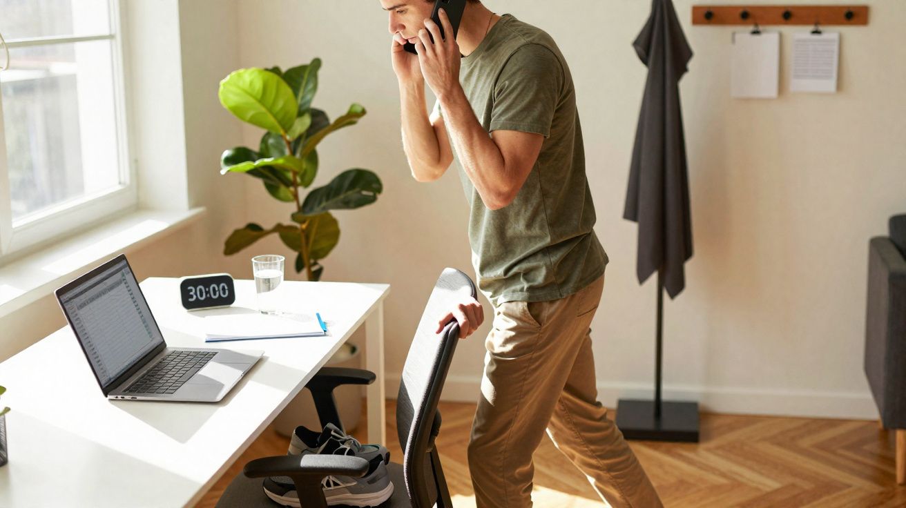 Homem falando ao telefone em escritório em casa, com laptop, relógio digital e planta ao fundo.