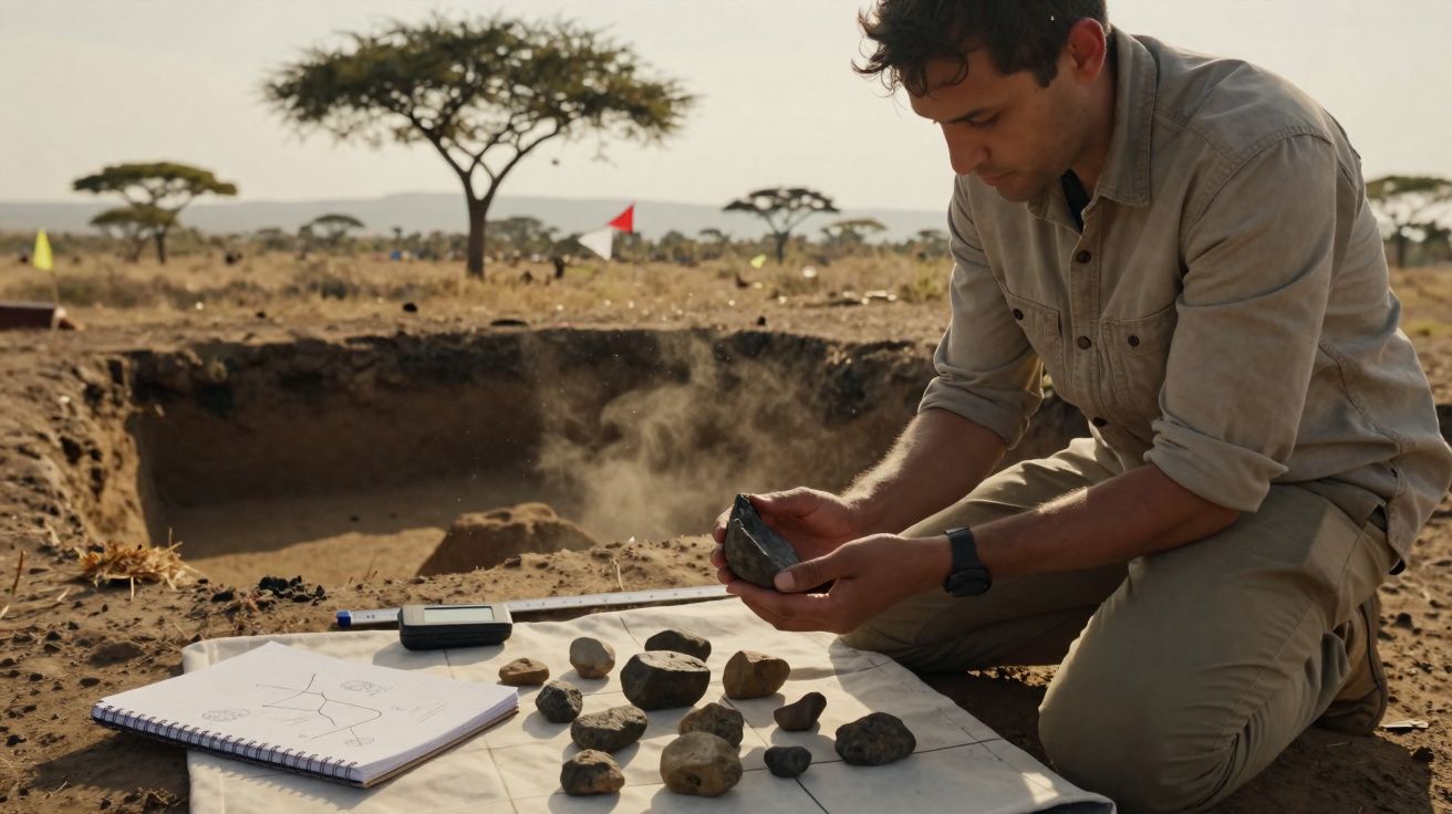 Jovem arqueólogo analisa pedras em escavação ao ar livre com caderno de anotações e instrumentos.