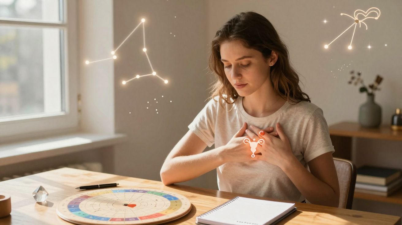 Mulher lê mapa astral com símbolos de signos zodiacais e constelações iluminadas ao redor.