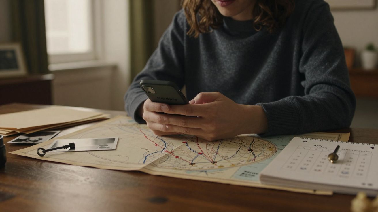 Pessoa usando celular sobre mesa com mapas, fotos, calendário e envelopes em ambiente interno.