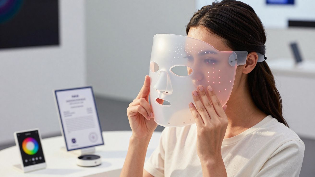 Mulher segura máscara de LED facial, usada para tratamentos de cuidados com a pele, em ambiente interno.