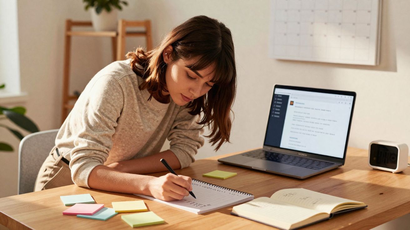 Mulher jovem escrevendo em caderno, com laptop aberto, relógio e post-its em mesa de madeira.