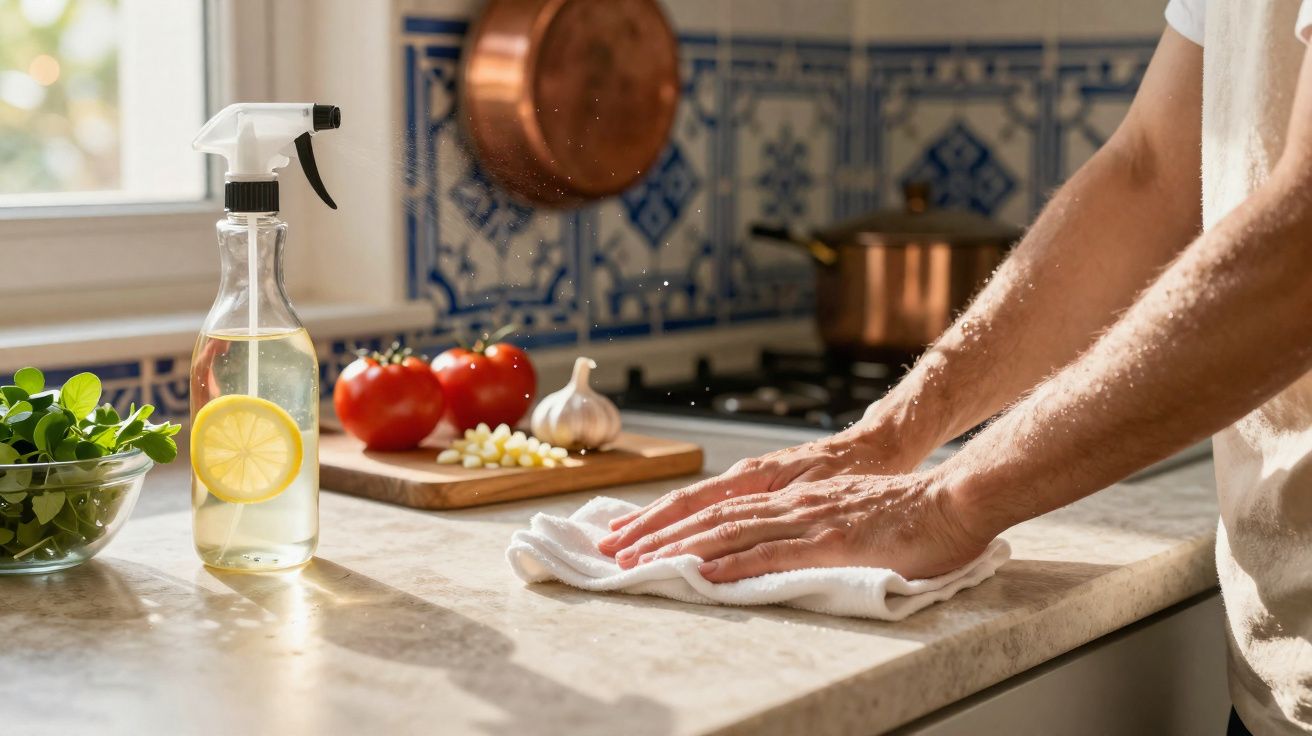 Mãos limpando bancada de cozinha com pano, spray de limpeza, tomates, alho e ervas frescas ao fundo.