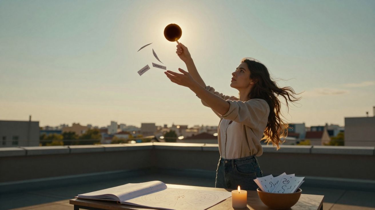 Mulher em varanda ao pôr do sol lançando papéis para o ar com vela e caderno sobre mesa.
