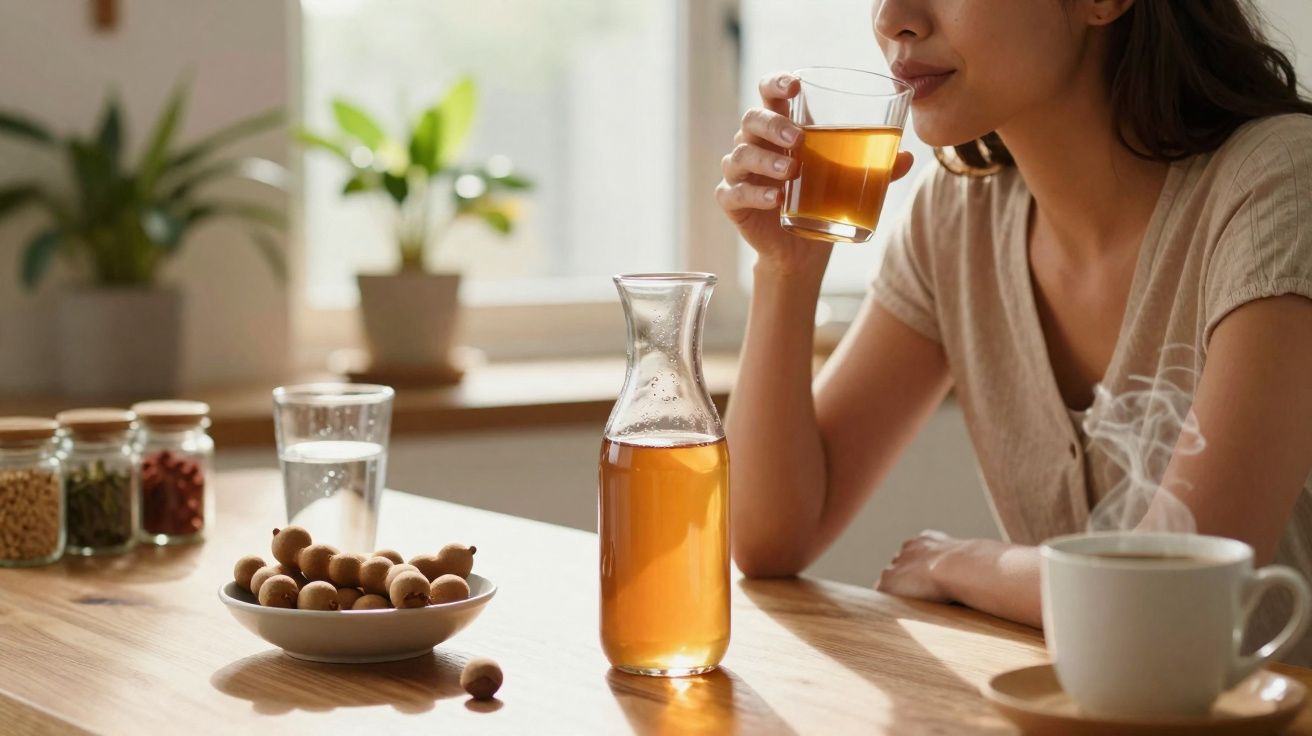 Mulher sentada à mesa bebendo chá com jarra, xícara de café e tigela de frutas secas.
