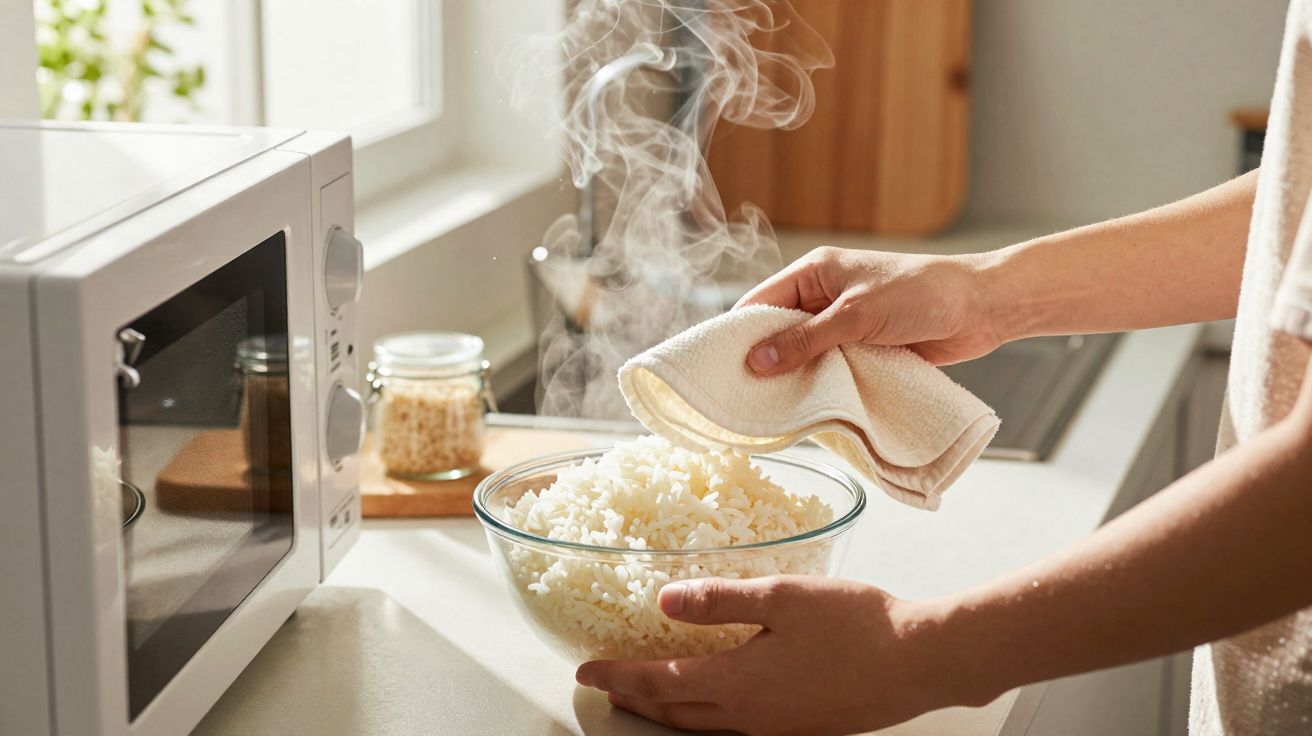 Pessoa segurando tigela de vidro com arroz quente e vapor saindo na cozinha ao lado do micro-ondas.