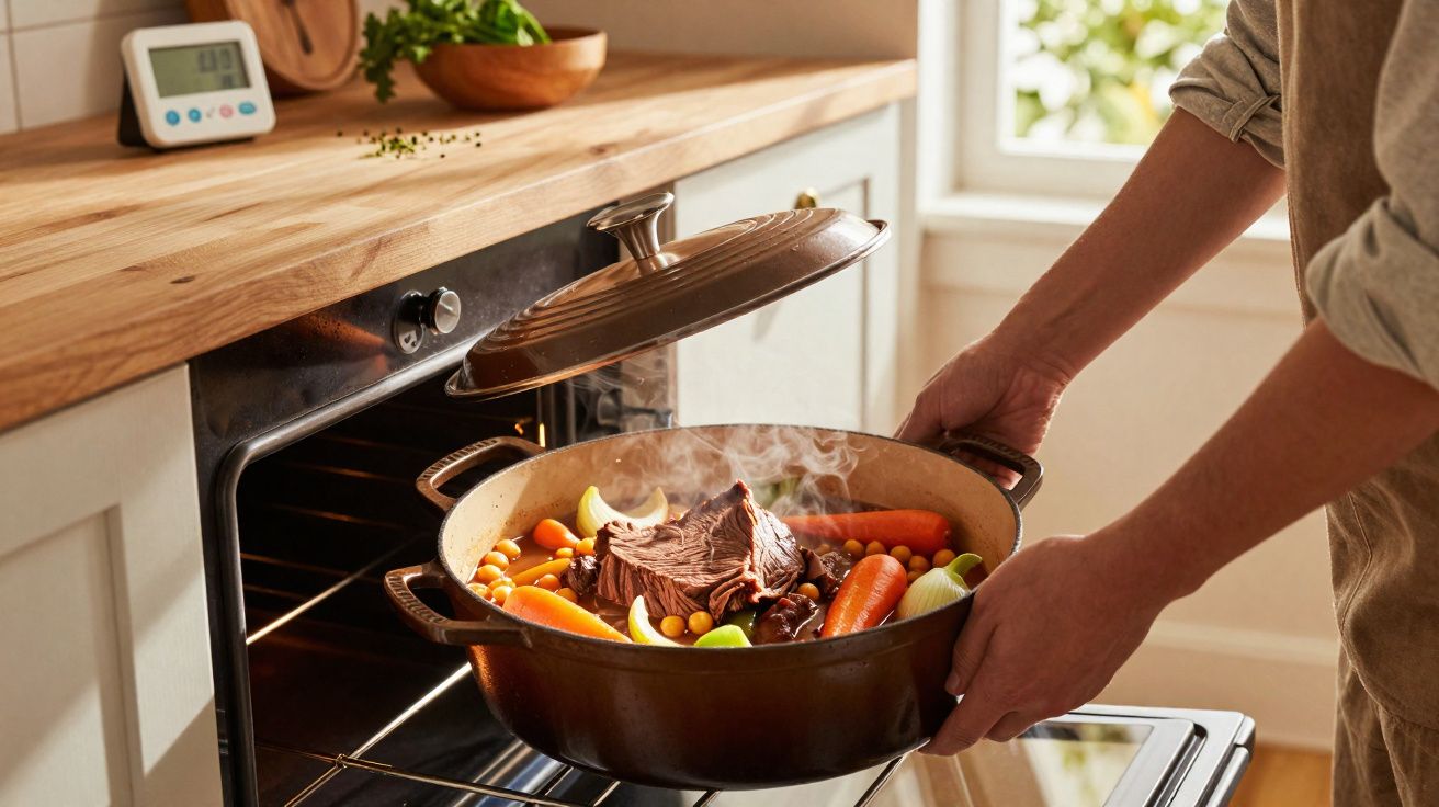 Pessoa retirando panela com carne e legumes quentes do forno em cozinha iluminada.