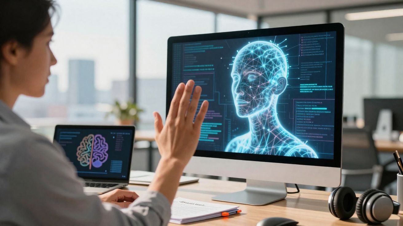 Pessoa interagindo com holograma digital de rosto humano em computador na mesa de escritório moderno.