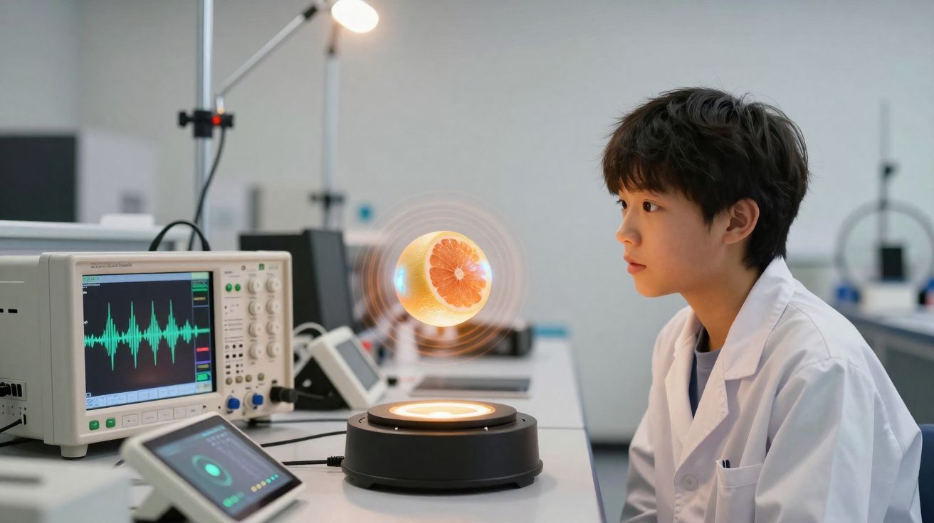 Criança com jaleco observa laranja holográfica flutuante em laboratório tecnológico moderno.