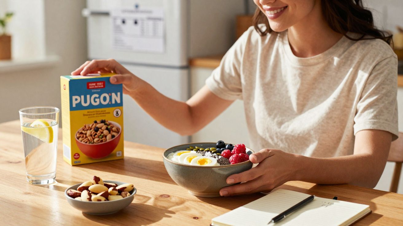 Mulher sorrindo preparando tigela de cereal com frutas e ovos em mesa de madeira clara.
