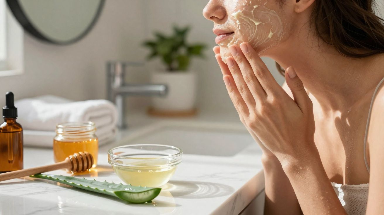 Mulher aplicando creme facial, ao lado há pepino cortado, mel e óleo em frascos sobre bancada branca.