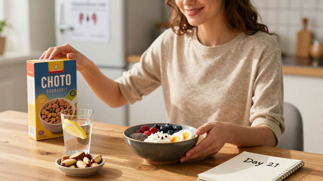 Mulher sentada à mesa segurando tigela de café da manhã com frutas, ovo e iogurte, com caderno escrito Day 21.