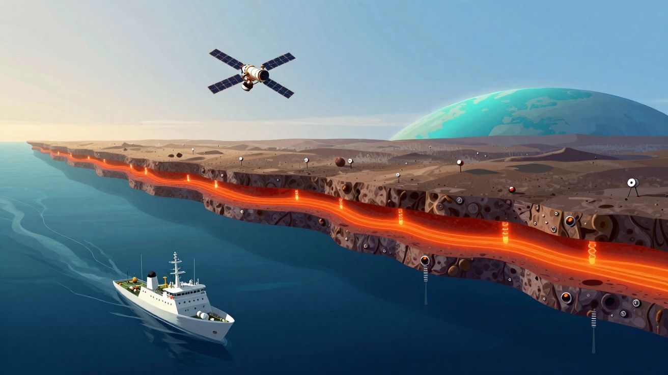 Navio em mar calmo próximo a uma fissura vulcânica ativa com lava e um satélite em órbita.