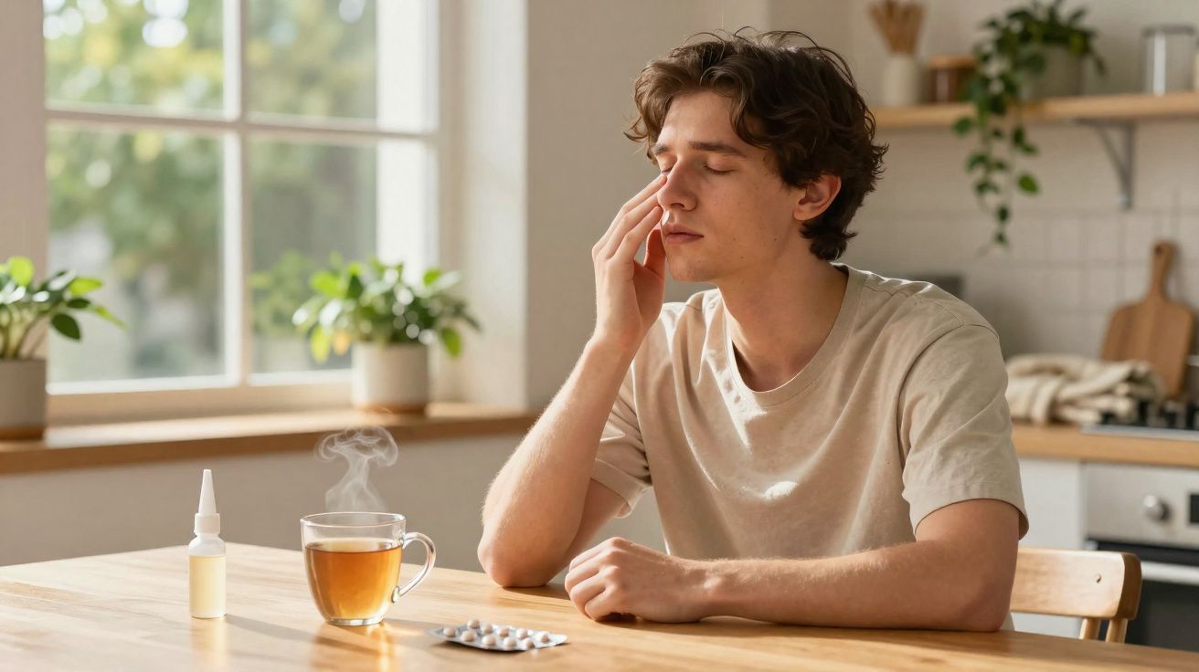 Jovem sentado à mesa, com expressão de desconforto, segurando o nariz, com remédios e chá na mesa.