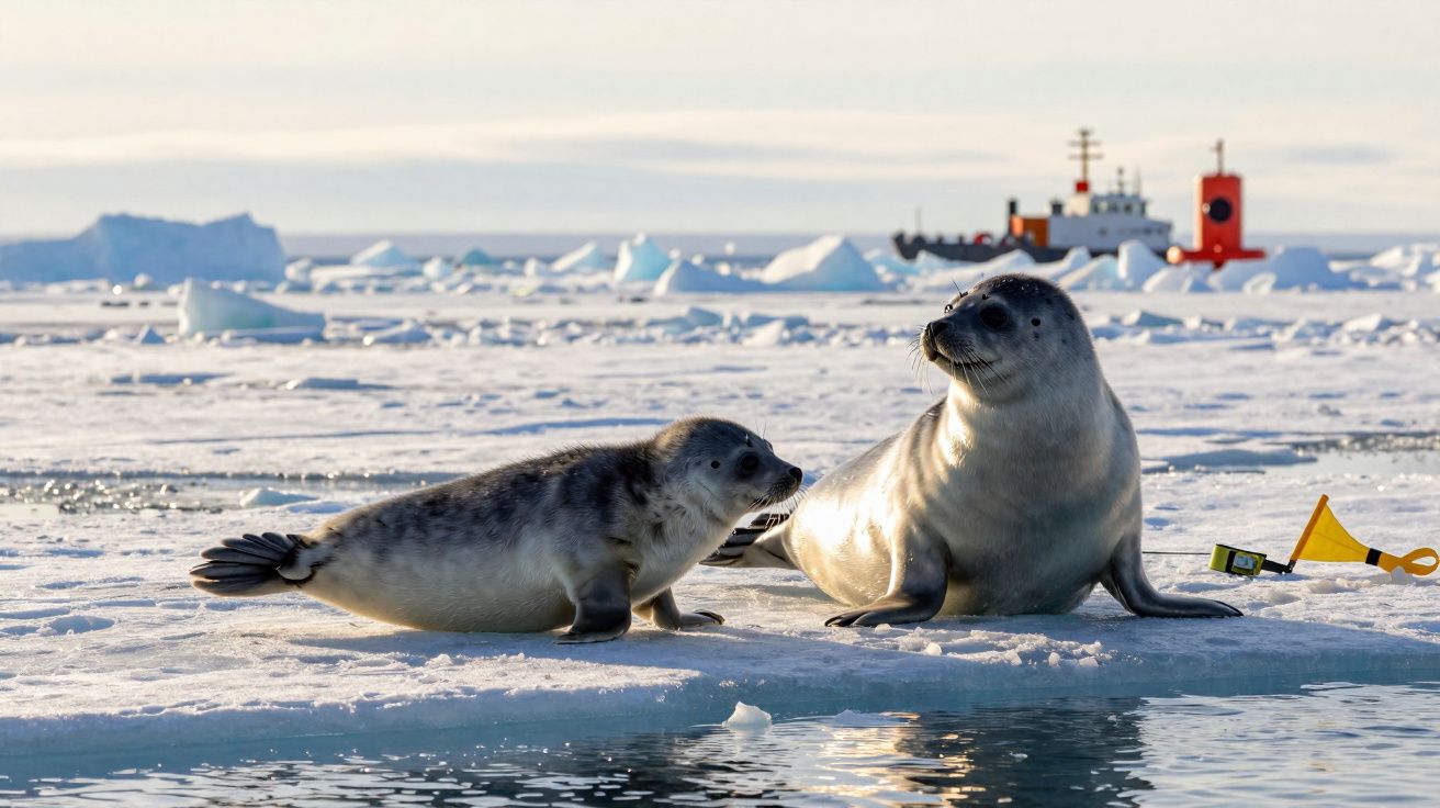 Duas focas sobre um bloco de gelo com navio e equipamentos ao fundo em ambiente ártico.