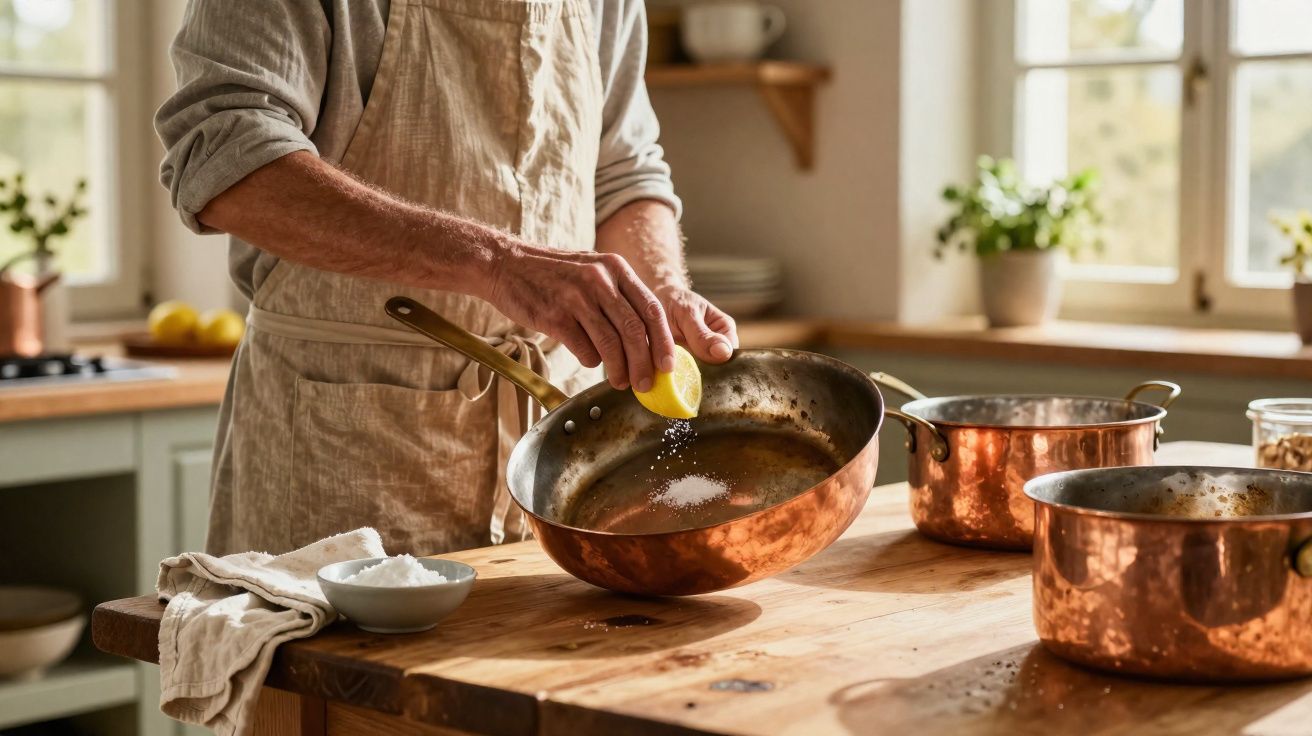 Pessoa espremendo limão em frigideira de cobre na cozinha iluminada com luz natural