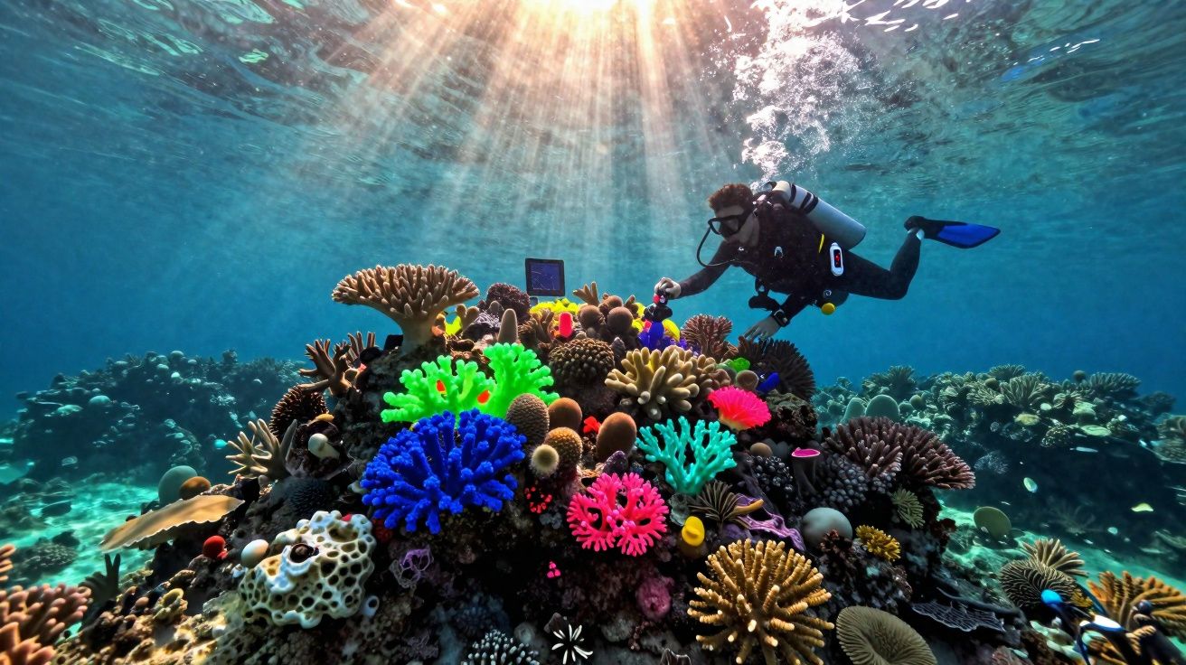Mergulhador explorando recife de corais coloridos com raios solares penetrando a água azul.