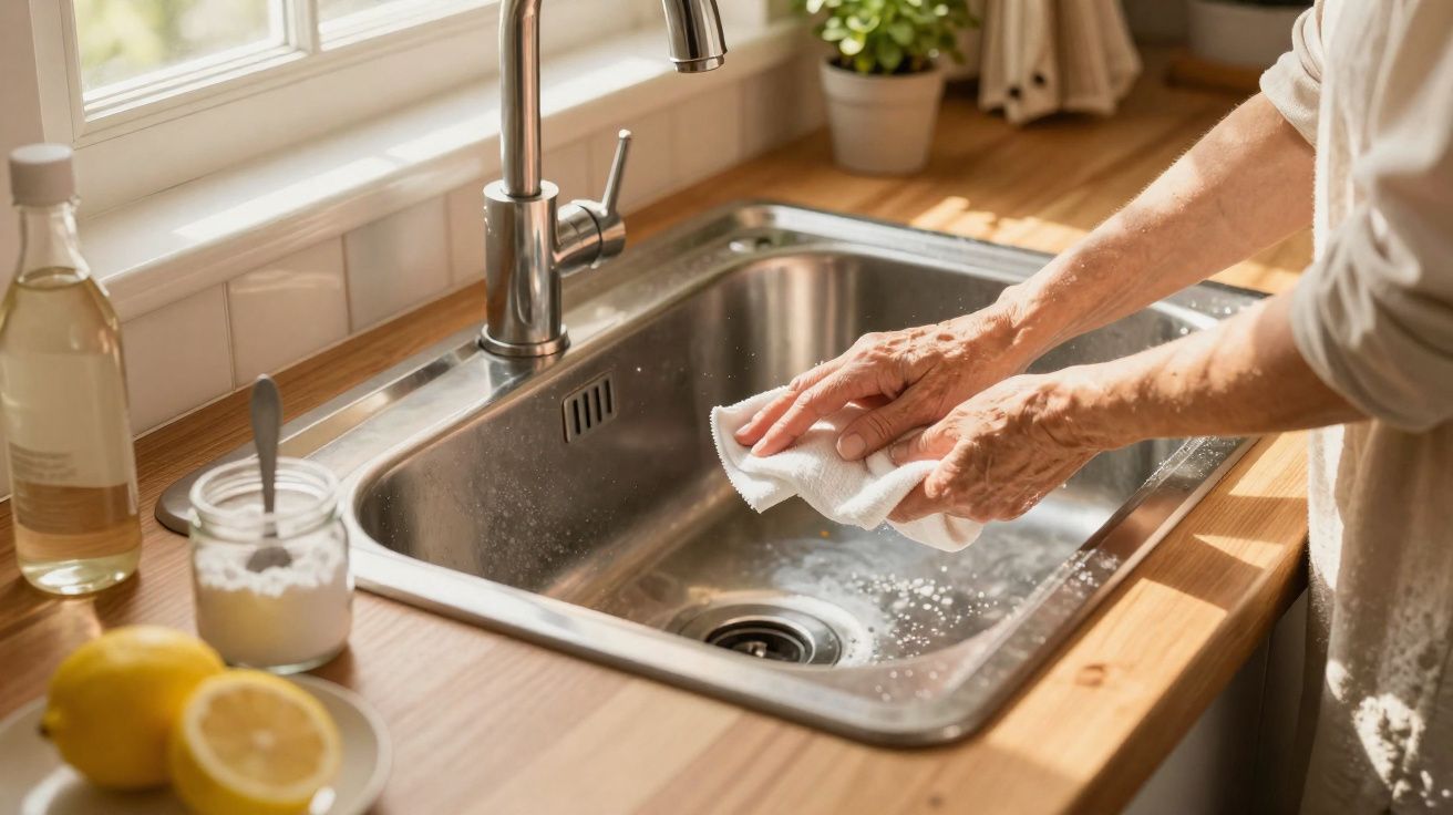 Mãos de idoso limpando pia de aço inox com pano branco em cozinha iluminada por luz natural.