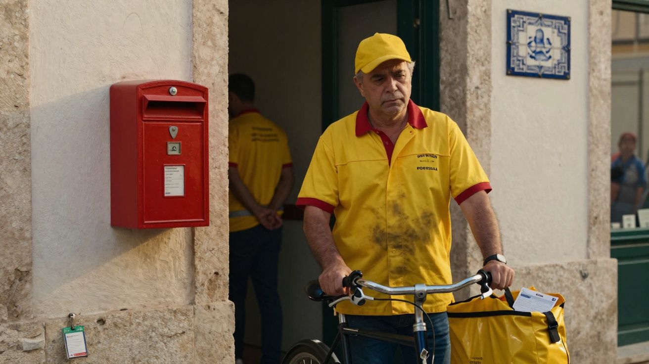 Carteiro com uniforme amarelo empurrando bicicleta diante de prédio com caixa de correio vermelha.