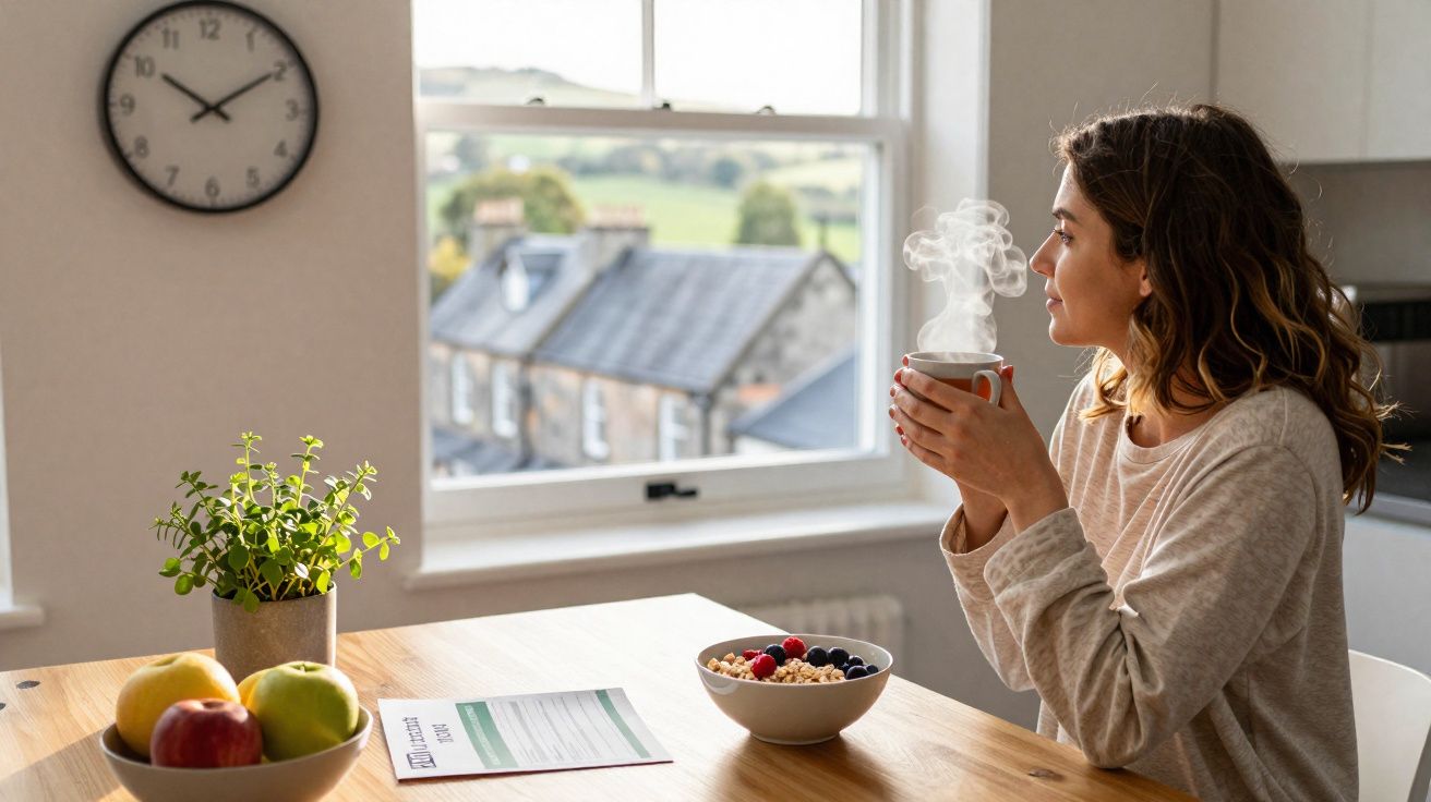 Mulher segurando xícara quente, sentada à mesa com frutas, cereal e planta, olhando pela janela em ambiente iluminado.