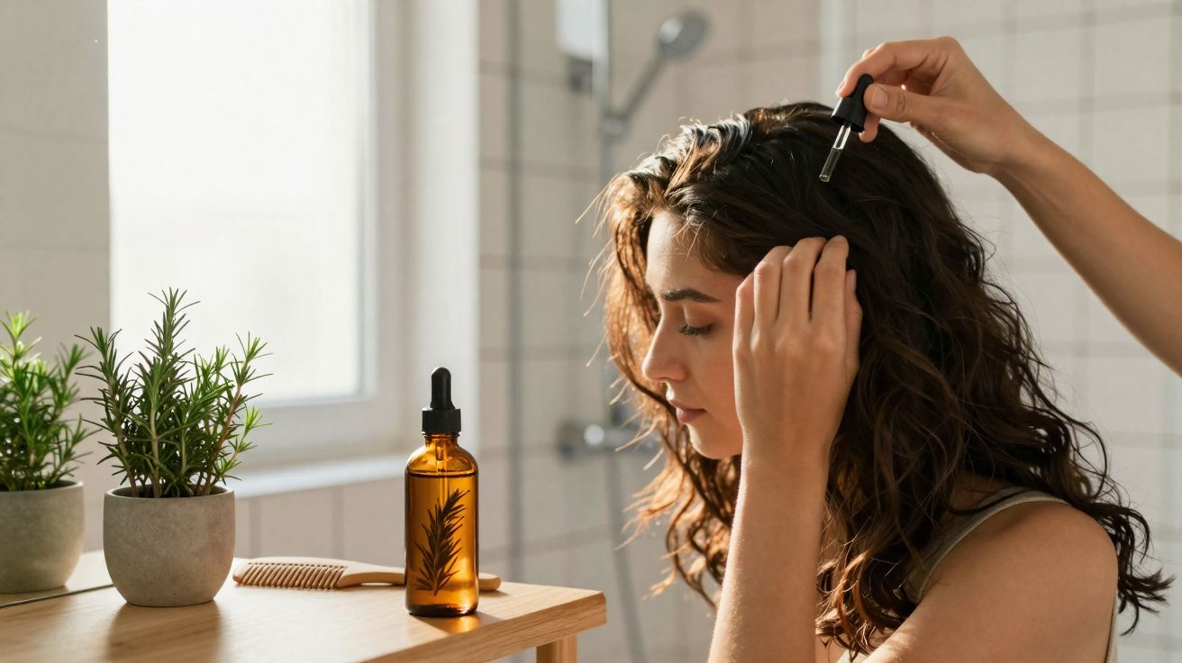 Mulher aplica óleo capilar com conta-gotas, em banheiro iluminado, ao lado de plantas e pente.