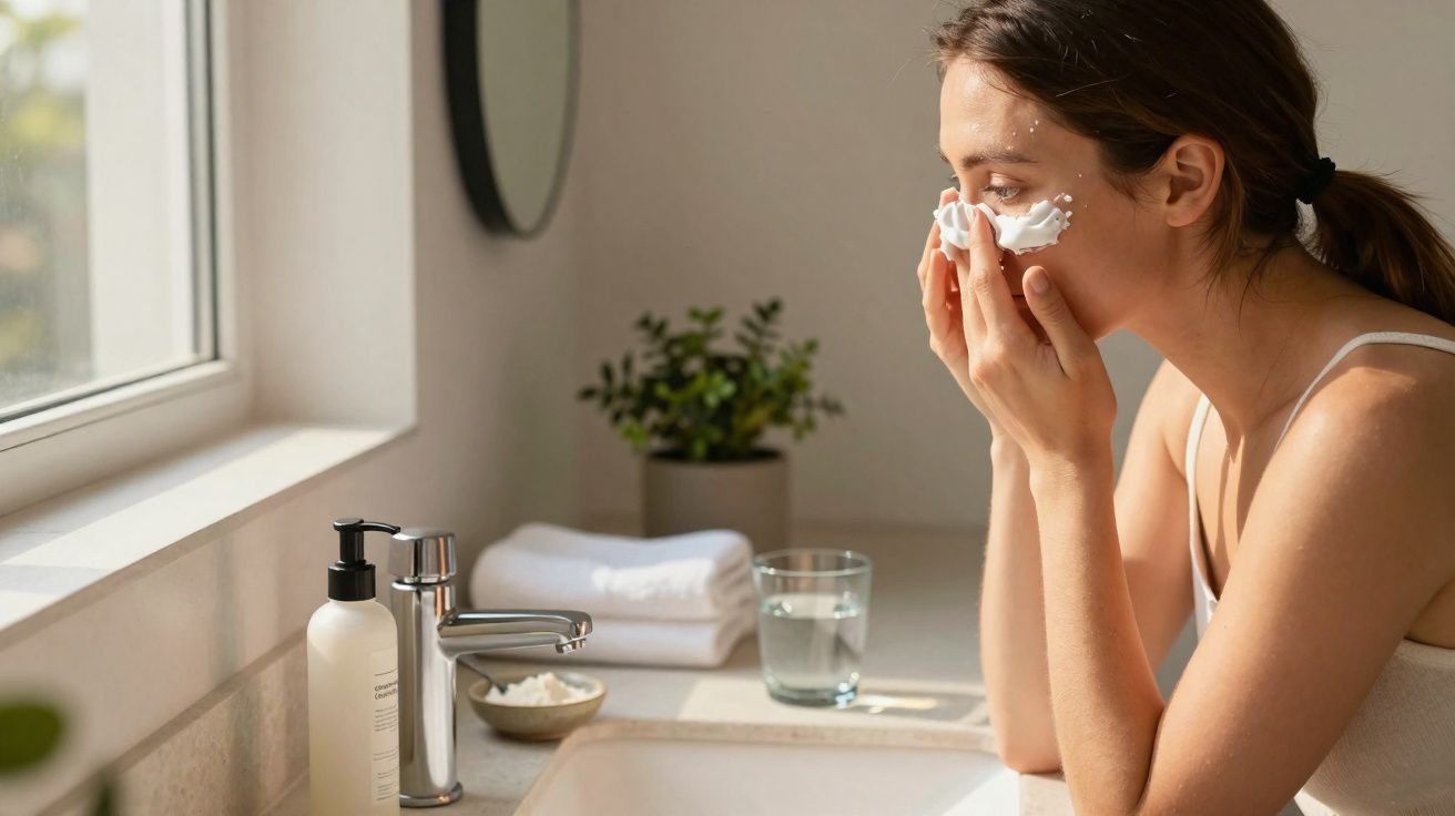 Mulher aplicando creme facial em frente à pia de banheiro iluminado pela luz natural.