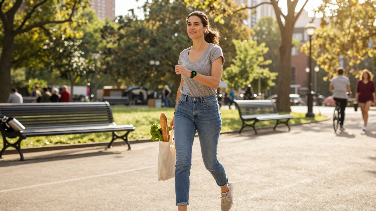 Mulher caminhando em parque urbano segurando sacola com compras, como pão e verduras, em dia ensolarado.