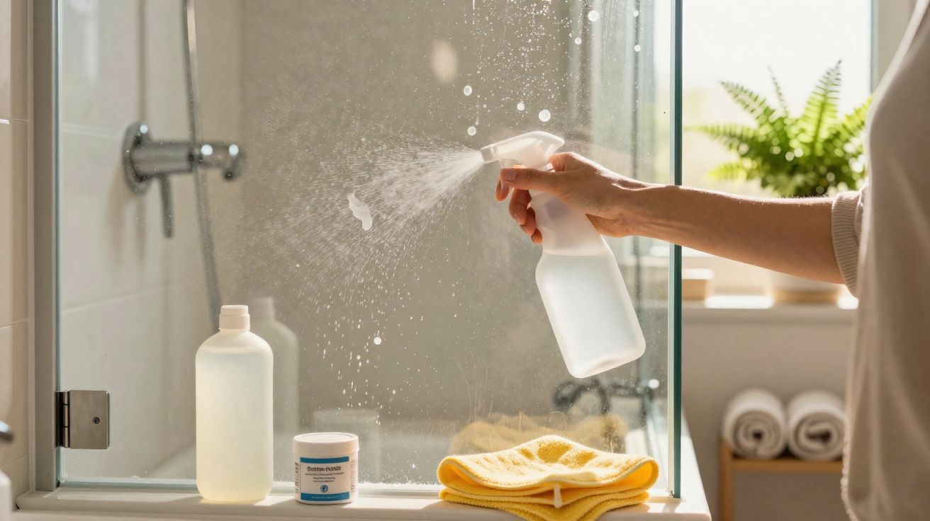 Pessoa limpando vidro de box de banheiro com borrifador e pano amarelo, luz natural entrando pela janela.