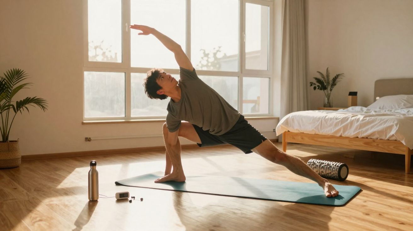 Homem praticando yoga em posição alongada em quarto iluminado com tapete, garrafa e rolo de espuma.
