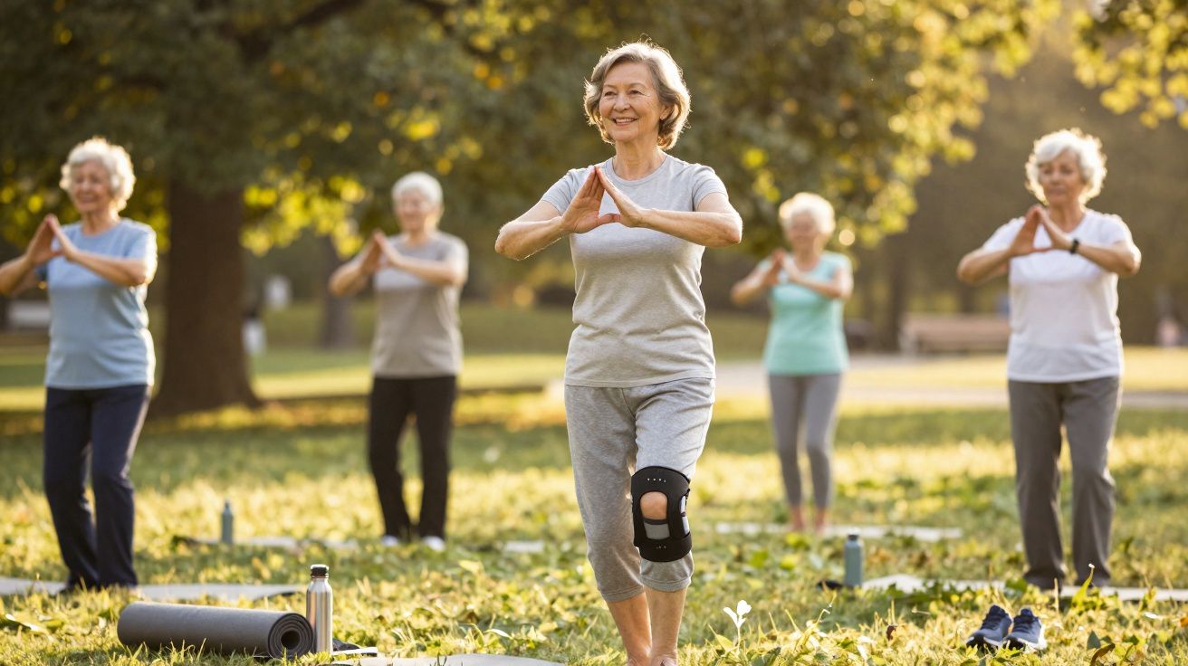 Grupo de mulheres idosas praticando yoga ao ar livre em parque ensolarado.