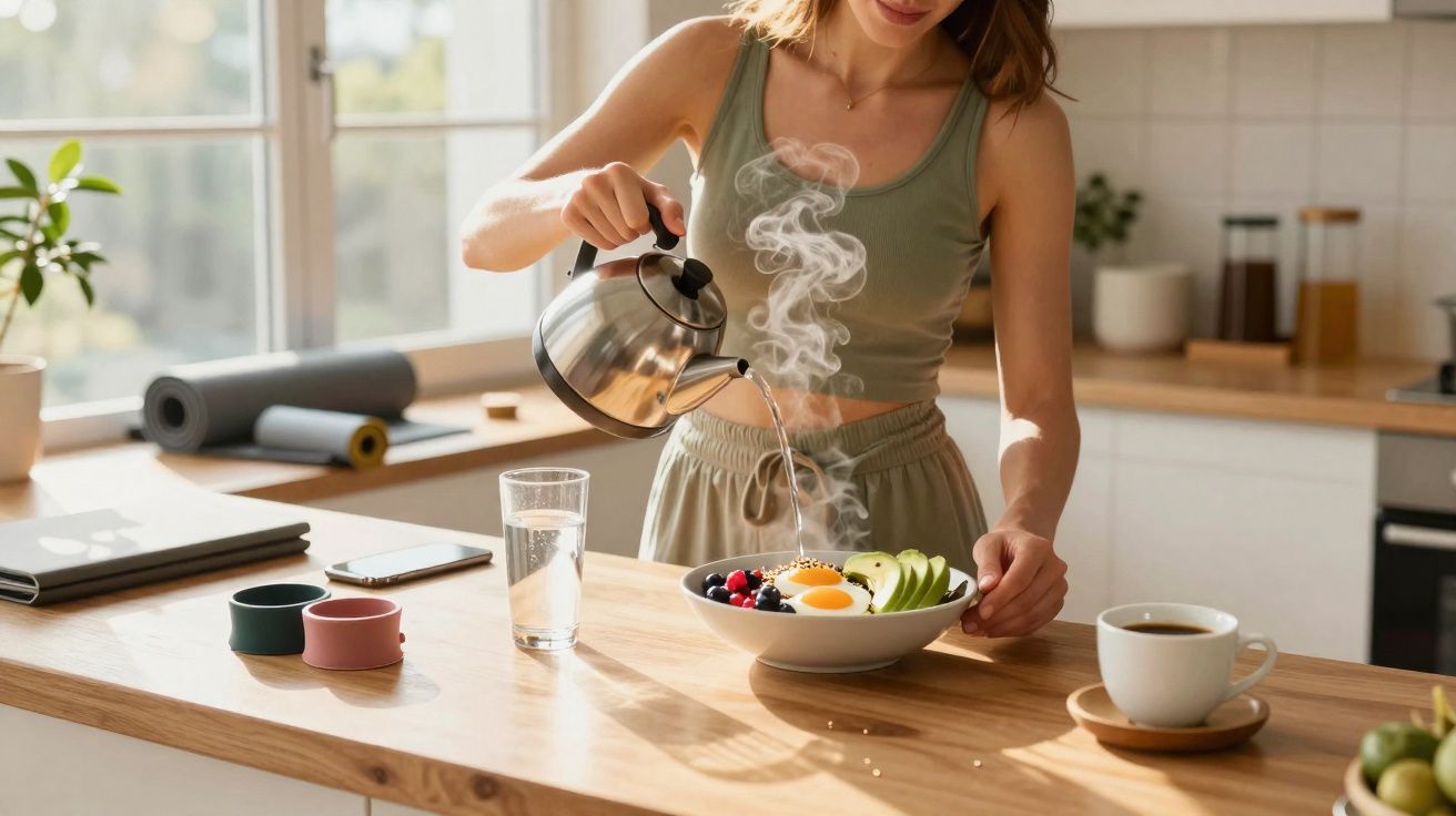 Mulher servindo chá quente em uma tigela de café da manhã saudável em cozinha iluminada pelo sol.