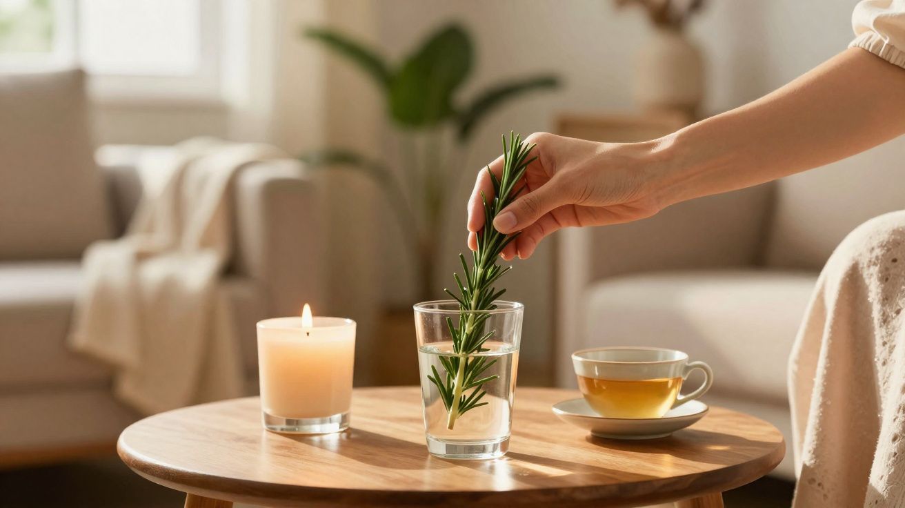Mão segurando ramo de alecrim em copo d'água sobre mesa com vela acesa e xícara de chá.