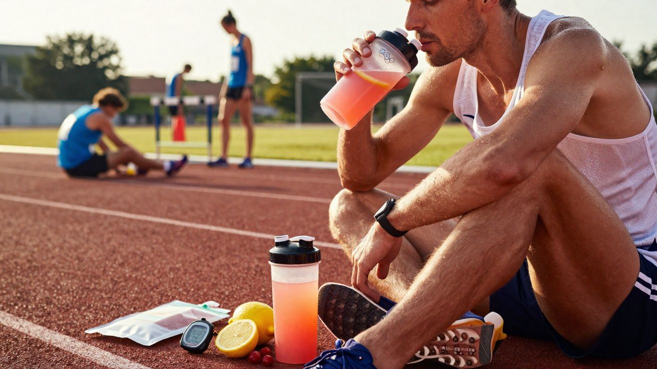 Atleta sentado bebendo shake rosa em pista de corrida com frutas e monitor cardíaco ao lado.