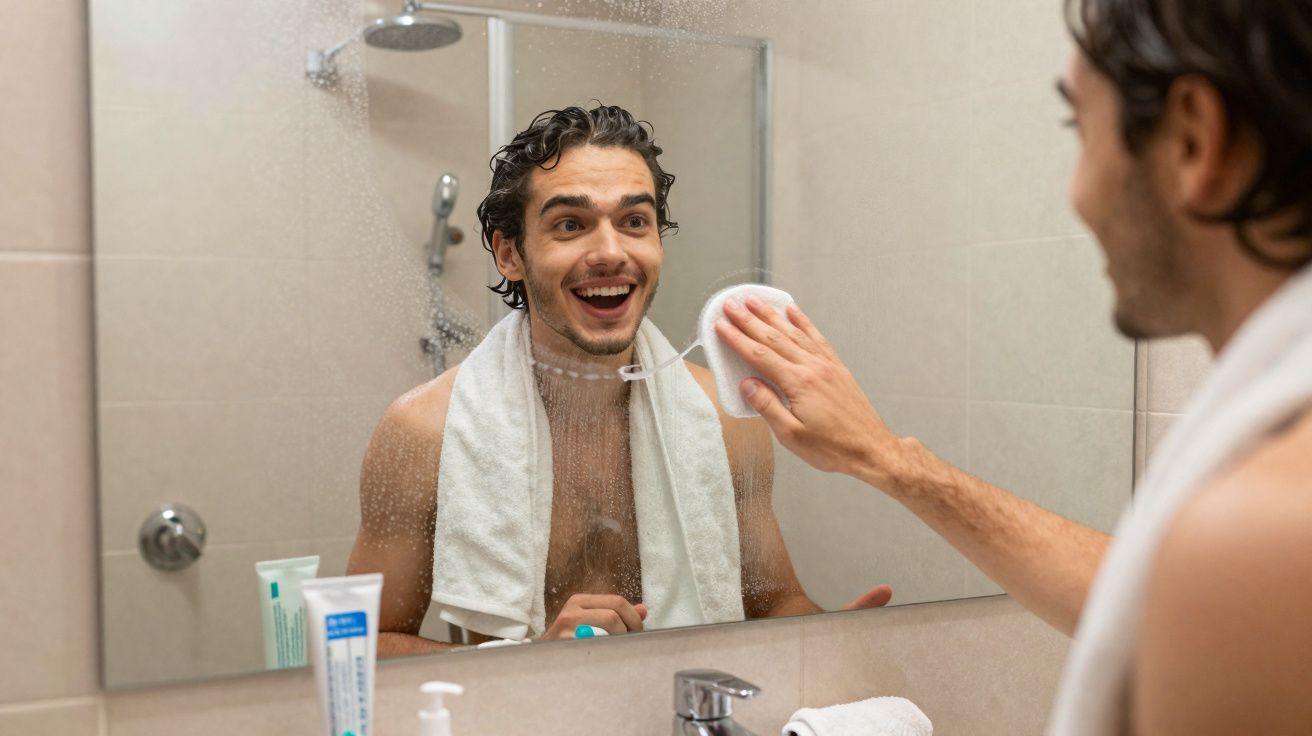 Homem sorridente com toalha no pescoço limpando espelho do banheiro com esponja branca.