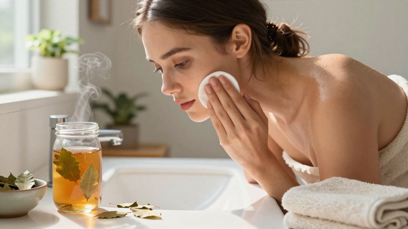 Mulher aplicando produto facial com algodão em banheiro iluminado, frasco com infusão de ervas ao lado.