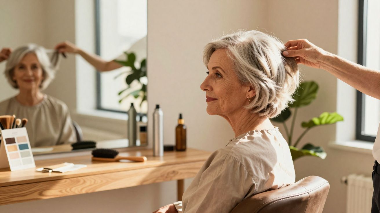 Mulher madura com cabelo grisalho sentado em salão de beleza enquanto estilista arruma seu cabelo.