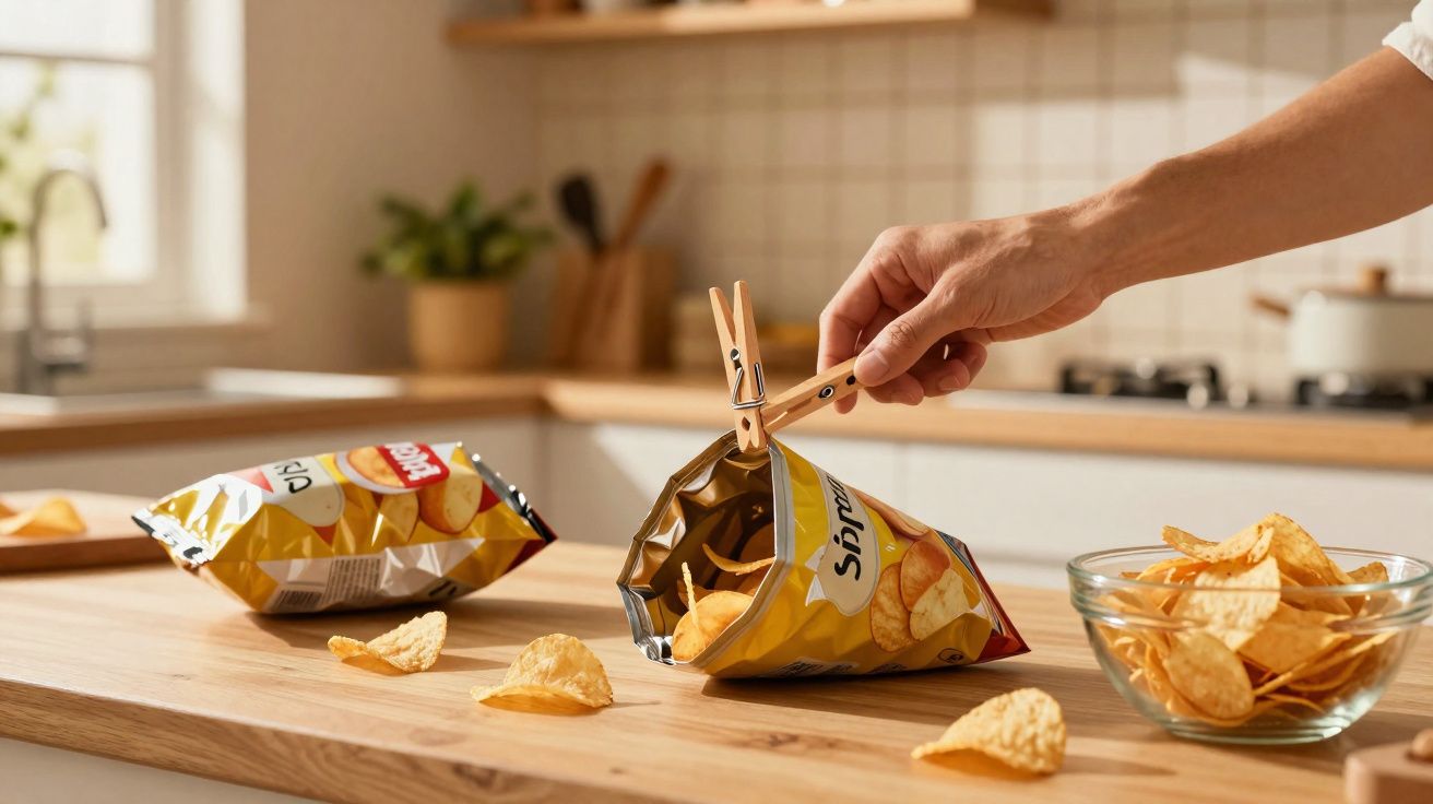 Mão fechando sachê de batatas fritas com pregador em bancada de cozinha com tigela e sachê aberto.