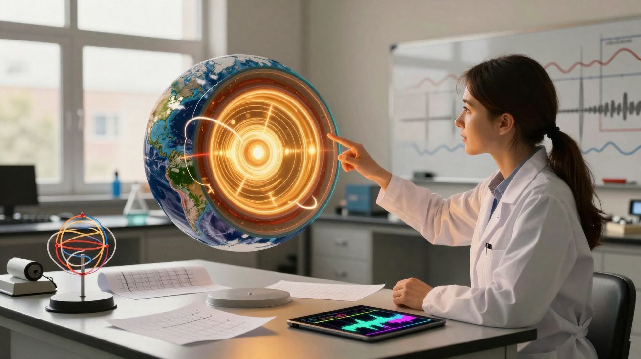 Mulher cientista em laboratório interage com modelo digital do núcleo da Terra em holograma.