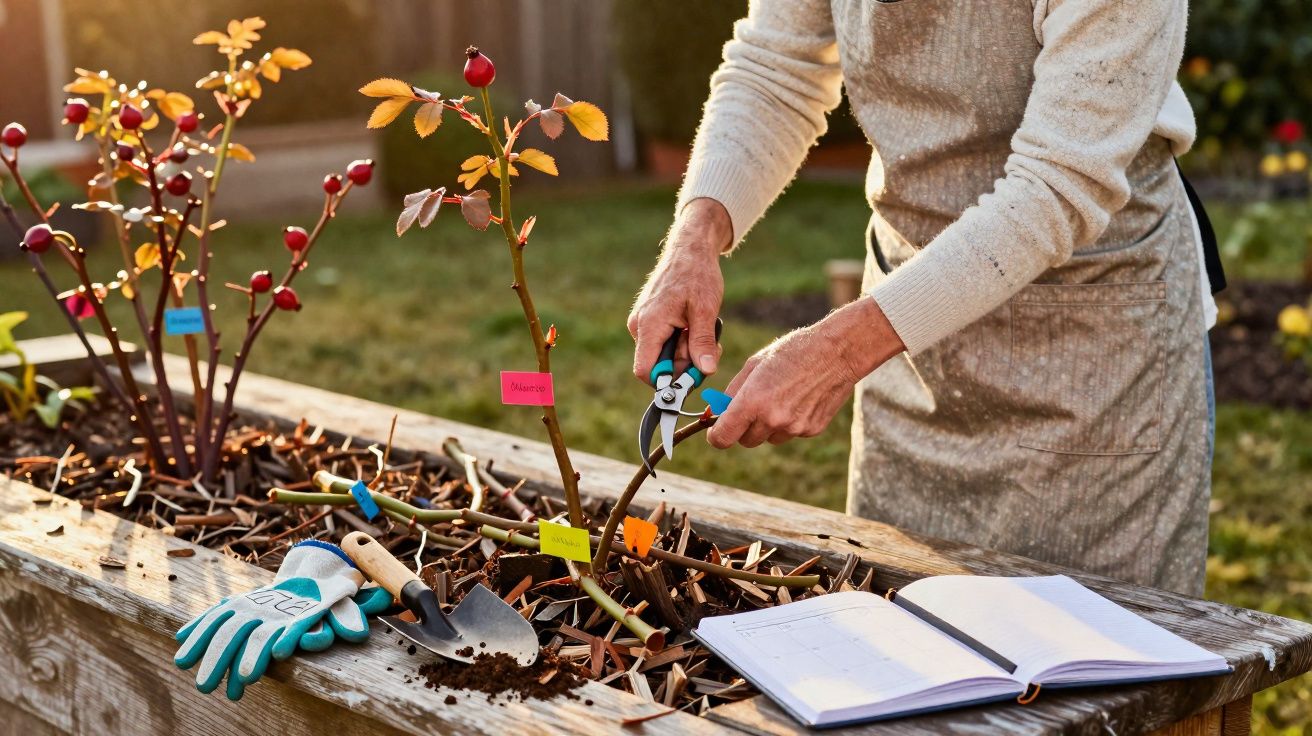 Pessoa podando galho de rosa em jardim elevado com luvas, ferramentas e caderno ao lado.