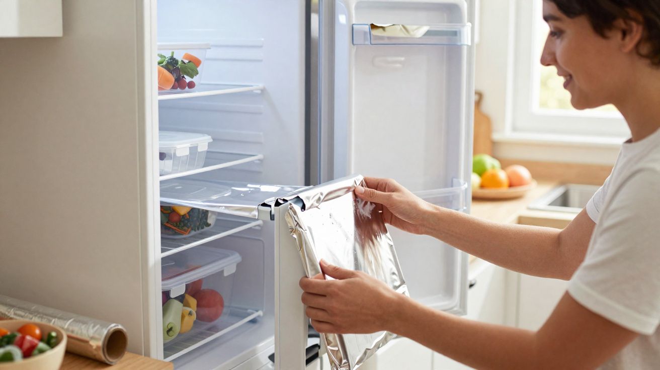 Pessoa guardando alimento embrulhado em papel alumínio dentro da geladeira aberta em cozinha iluminada.