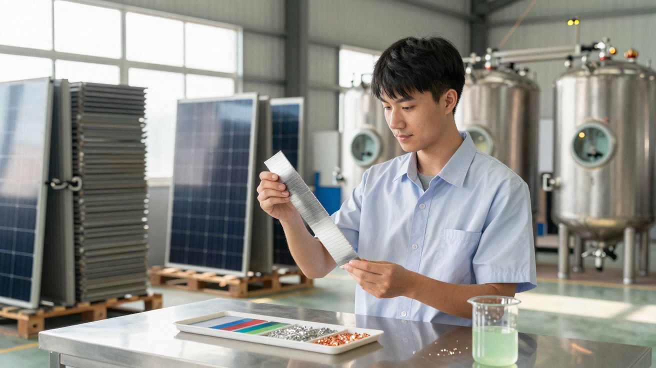 Jovem analisa amostras de tecido em laboratório com painéis solares e tanques industriais ao fundo.
