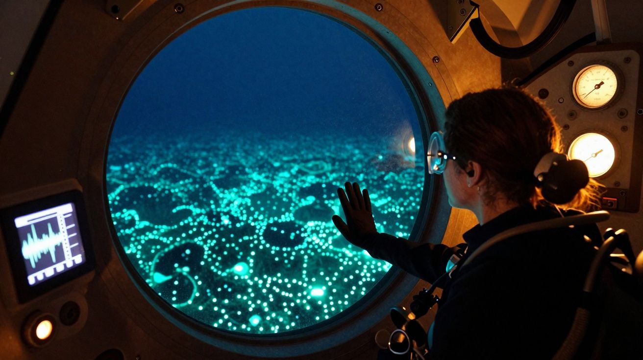 Pessoa dentro de submersível observando paisagem azul brilhante com pontos luminosos através de janela circular.