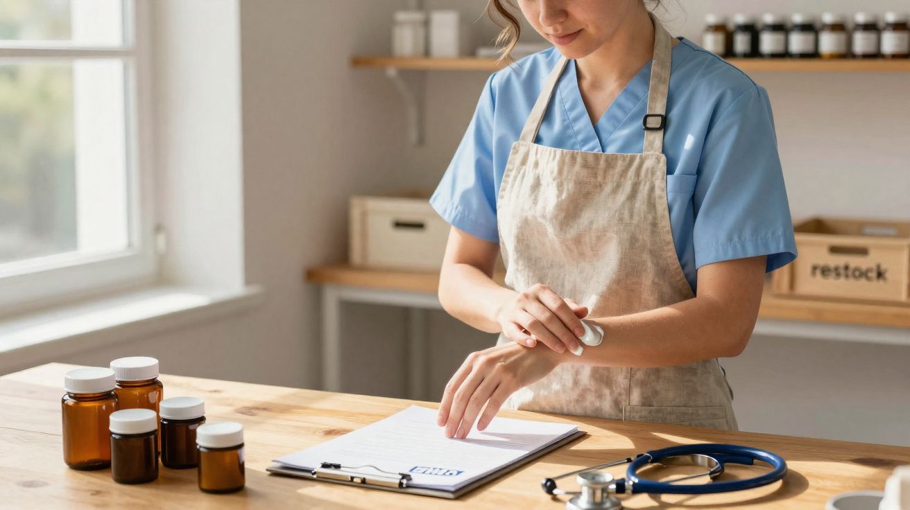 Profissional de saúde aplicando creme nas mãos em clínica com frascos, prancheta e estetoscópio sobre a mesa.