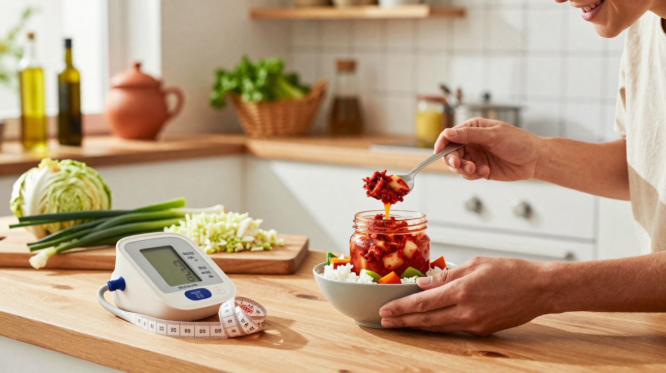 Pessoa colocando comida em uma tigela com legumes em uma cozinha, ao lado de medidor de pressão e fita métrica.
