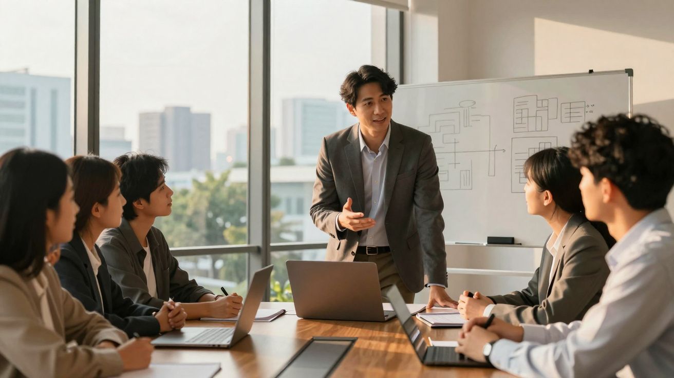 Homem apresentando projeto para equipe em sala de reunião com laptops e quadro branco ao fundo.