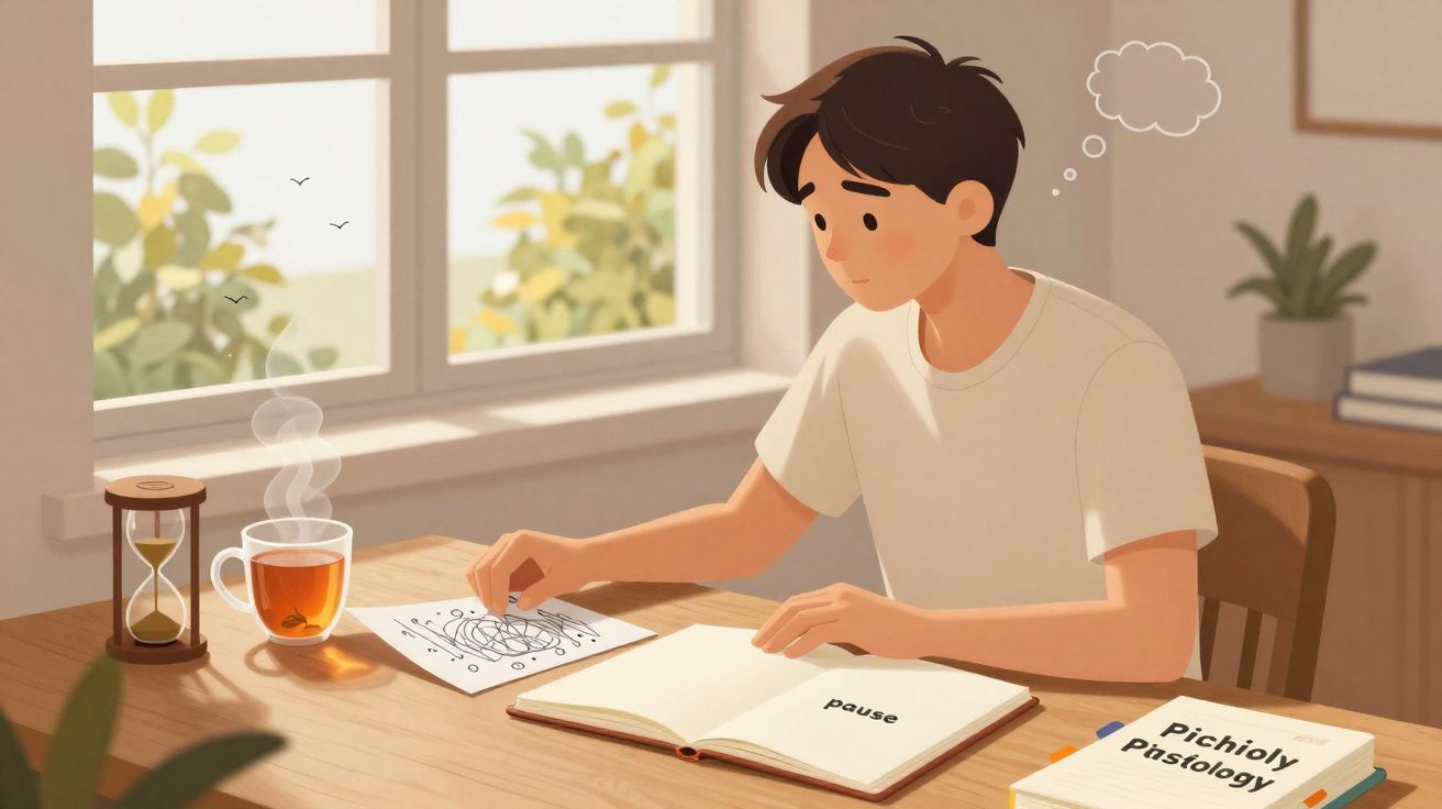 Homem pensativo sentado à mesa com livros, desenho e chá quente perto da janela ensolarada.