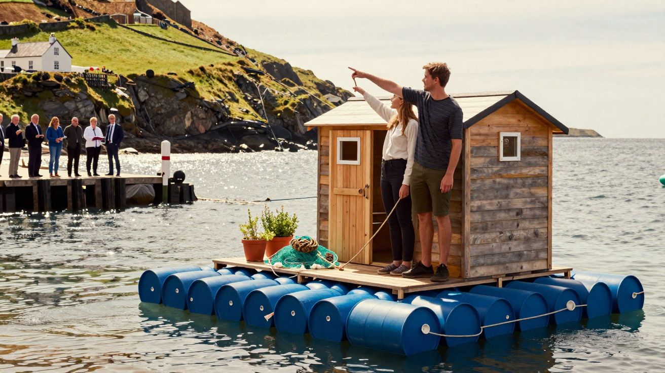 Casal em casa flutuante de madeira sobre barris azuis no mar, com pessoas em cais e vila ao fundo.