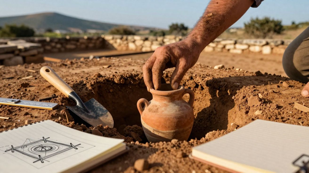 Mão de arqueólogo colocando vaso de cerâmica em escavação arqueológica ao ar livre.